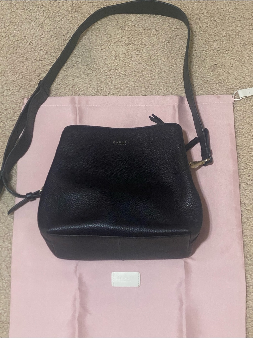 RADLEY LONDON Black Pebbled Leather Crossbody Pouch & dust bag.
